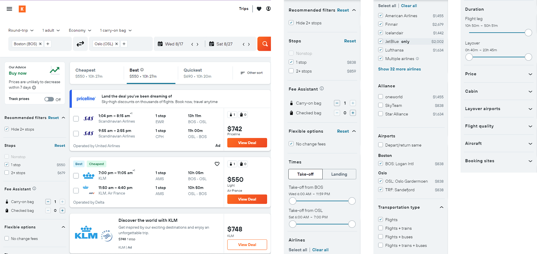A screenshot of the travel website Kayak. On the left are flight options based on destination and travel dates. On the right are three columns that show the options a traveler can input to change the flight options. Examples include whether the traveler plans to check any bags, what airlines they want to travel, and how many stops they wish to make.