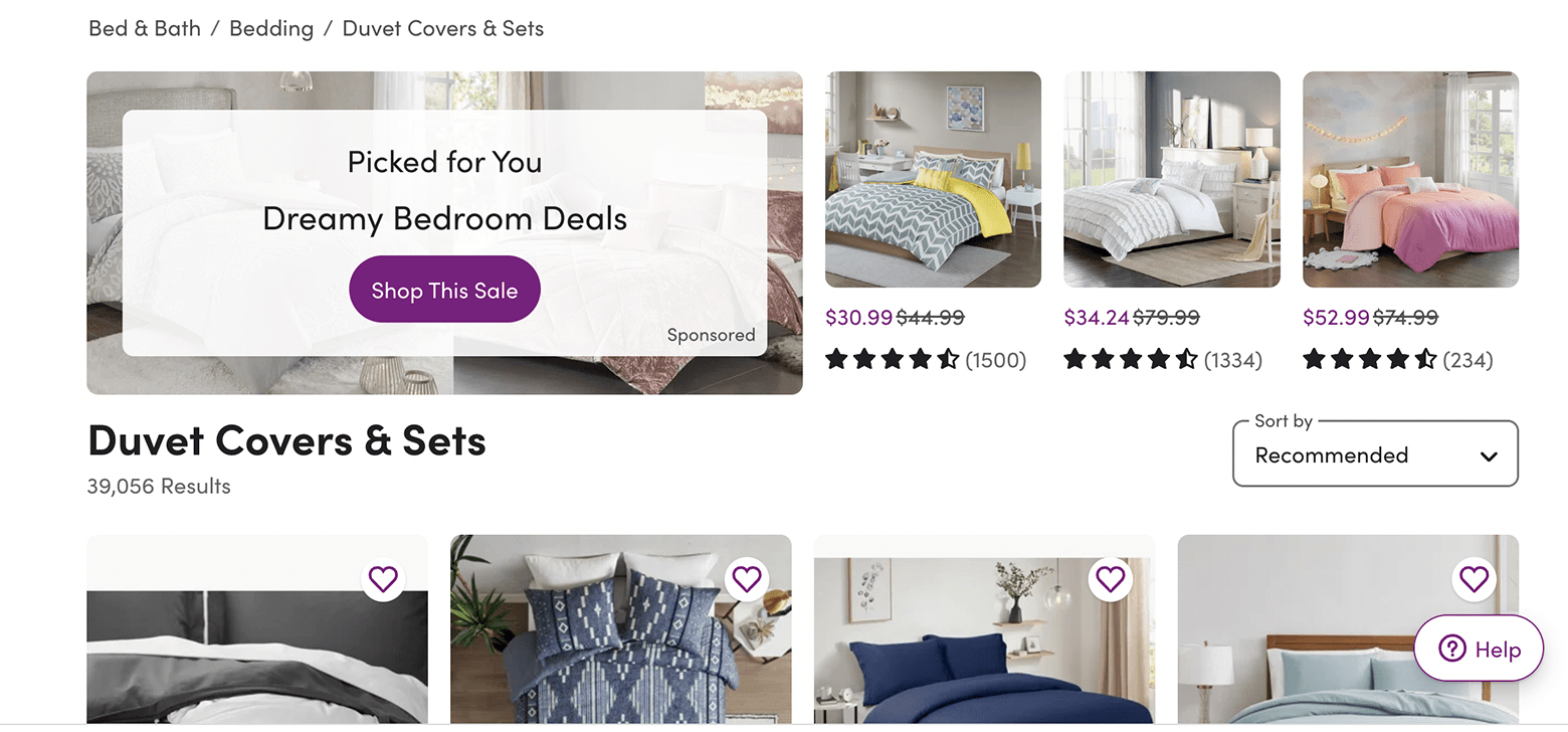 Screenshot from the online home furnishings store Wayfair. The header shows an example of an e-commerce UI/UX best practice, leaving breadcrumbs that show where the user is in the site hierarchy. The header reads: Bed & Bath/Bedding/Duvet Covers & Sets. Beneath it is a page with thumbnail photographs showing beds with various duvet covers.